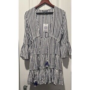 Blue Island Blue White Striped Boho Flowy Dress Swim Cover-up Size Small